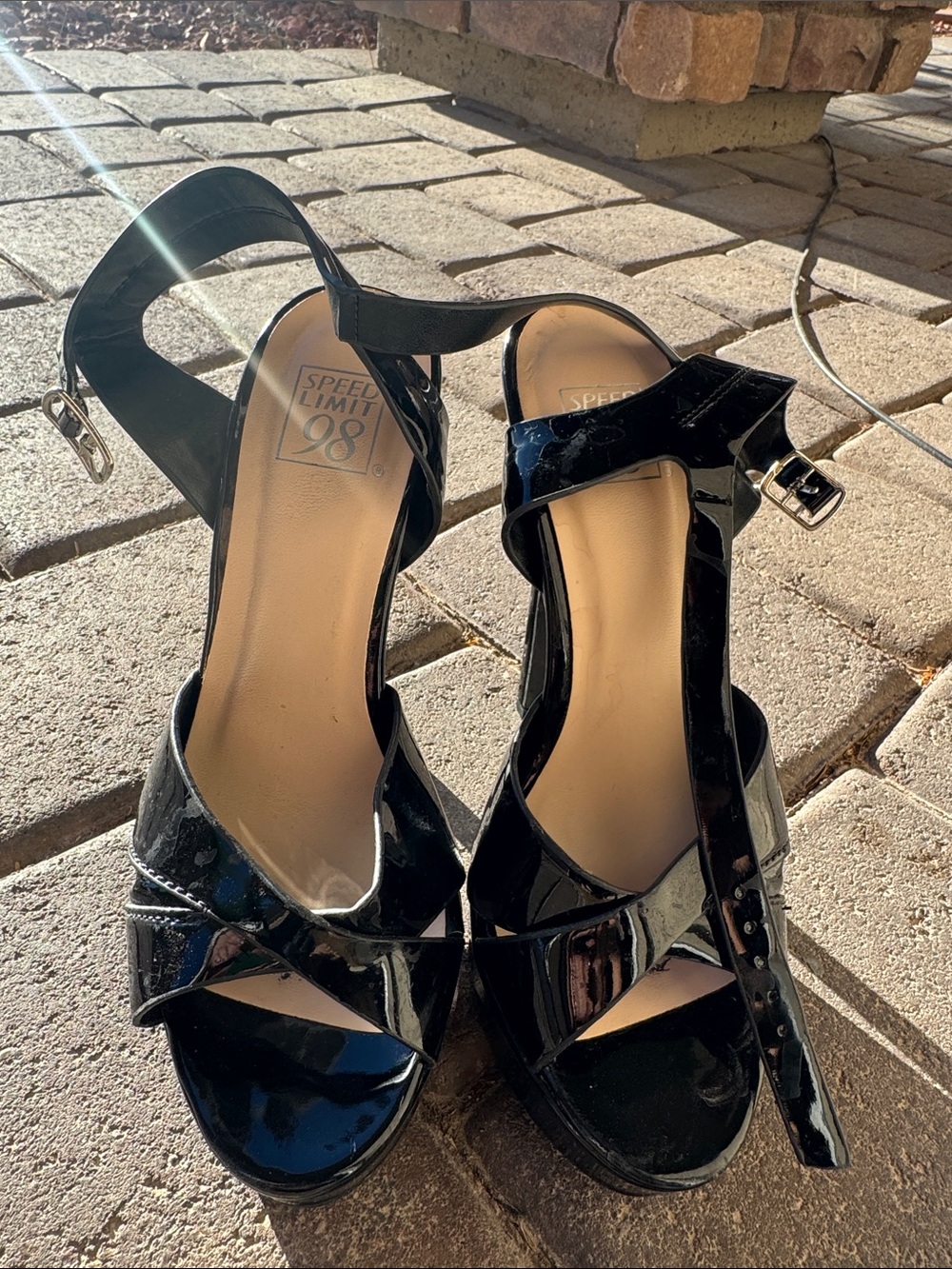 Speed Limit 98 Black Patent Ankle-Strap Platform Heels